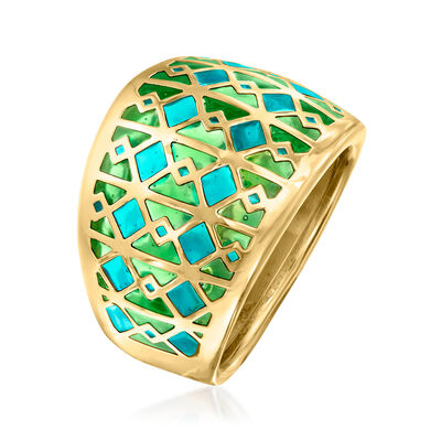 Italian Blue and Green Enamel Geometric Ring in 14kt Yellow Gold