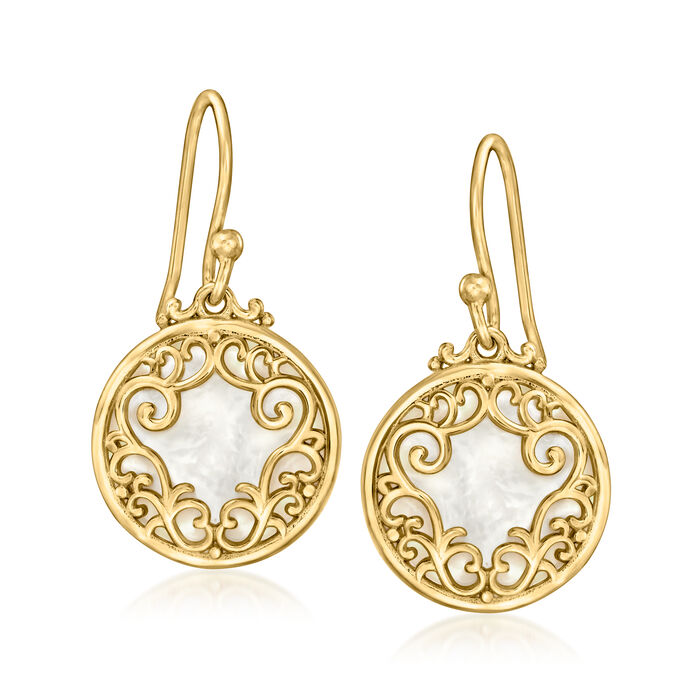 Mother-of-Pearl Filigree Drop Earrings in 18kt Gold Over Sterling