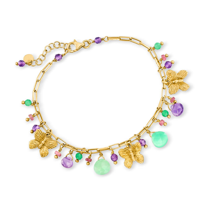 Italian 2.70 ct. t.w. Multi-Gemstone Bead and Butterfly Station Paper Clip Link Bracelet in 24kt Gold Over Sterling