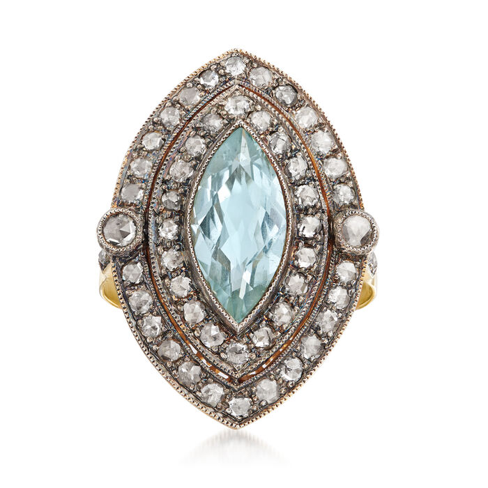 C. 1980 Vintage 1.71 Carat Aquamarine and 1.06 ct. t.w. Diamond Ring in Sterling Silver and 18kt Yellow Gold