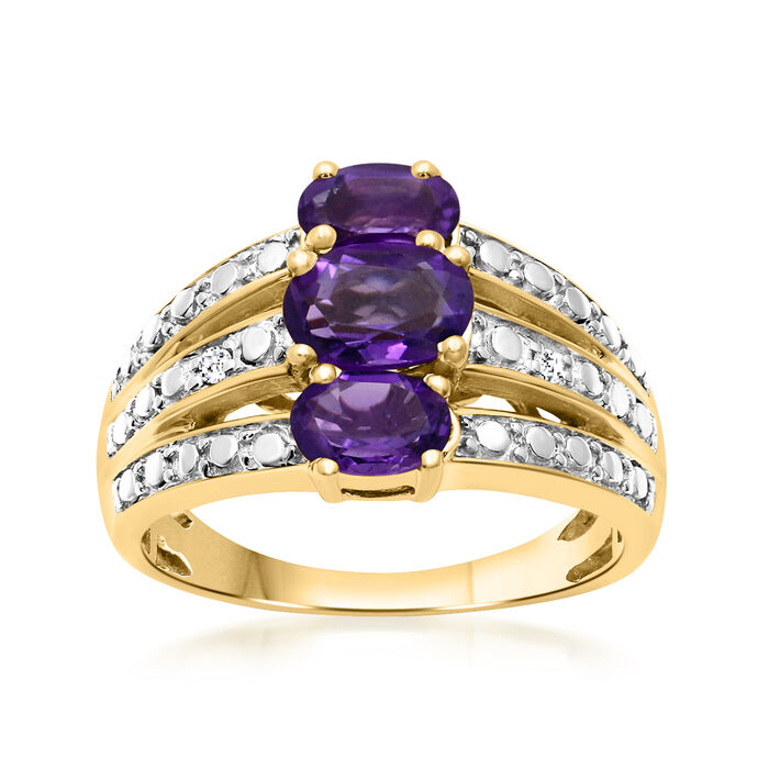 1.50 ct. t.w. Amethyst Three-Row Ring with Diamond Accents in 18kt Gold Over Sterling