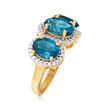 6.70 ct. t.w. London Blue Topaz and .90 ct. t.w. White Topaz Three-Stone Ring in 18kt Gold Over Sterling
