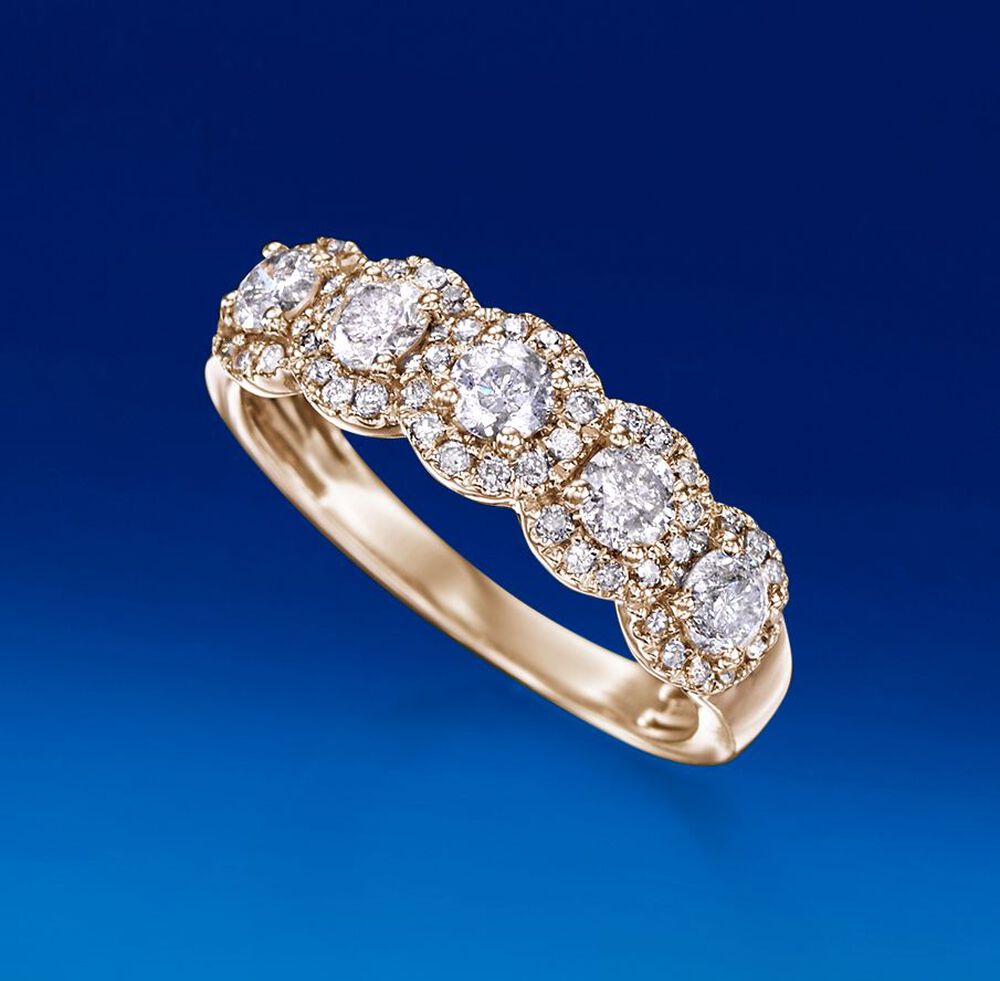 1 00 ct t w Diamond  Five  Stone  Halo  Ring  in 14kt Yellow 