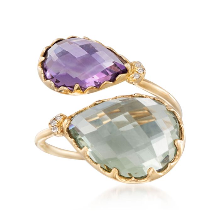 10.15 ct. t.w. Green and Purple Amethyst Bypass Ring with Diamonds in 14kt Yellow Gold