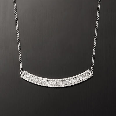 .50 ct. t.w. Baguette and Round Diamond Curved Bar Necklace in 14kt White Gold