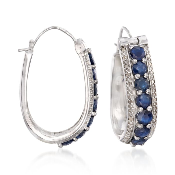 4.20 ct. t.w. Sapphire and .20 ct. t.w. Diamond Oval Hoop Earrings in Sterling Silver