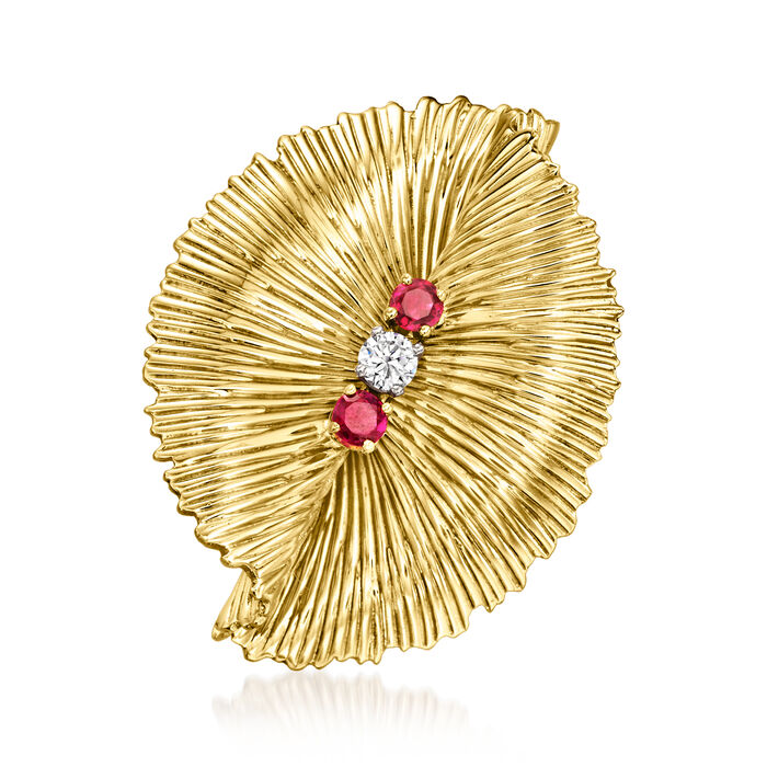 C. 1970 Vintage .35 ct. t.w. Ruby and .15 Carat Diamond Fluted Pin in 18kt Yellow Gold