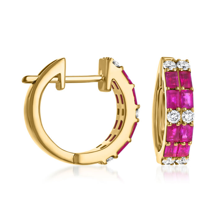 1.30 ct. t.w. Ruby and .39 ct. t.w. Diamond Huggie Hoop Earrings in 14kt Yellow Gold