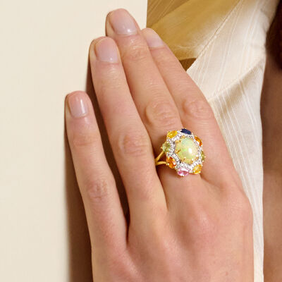 Opal and 2.50 ct. t.w. Multicolored Sapphire Ring with .40 ct. t.w. White Zircon in 18kt Gold Over Sterling