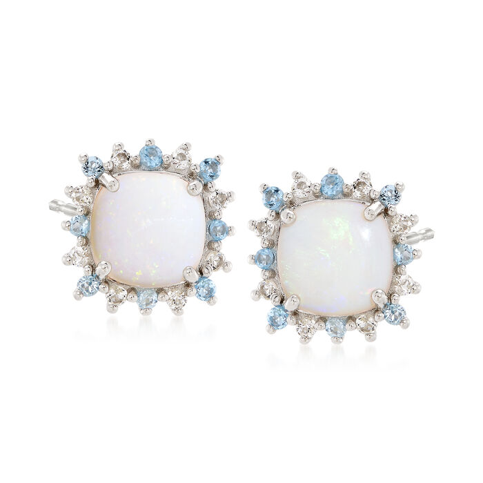 Square Cabochon Opal and .80 ct. t.w. Blue and White Topaz Stud Earrings in Sterling Silver