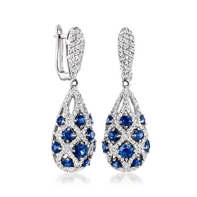 2.20 ct. t.w. Sapphire and 1.10 ct. t.w. Diamond Drop Earrings in 14kt White Gold