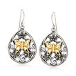 14kt Yellow Gold and Sterling Silver Flower and Butterfly Drop Earrings