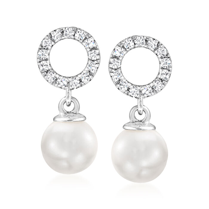 6.5-7mm Cultured Akoya Pearl and .20 ct. t.w. Diamond Circle Drop Earrings in 14kt White Gold