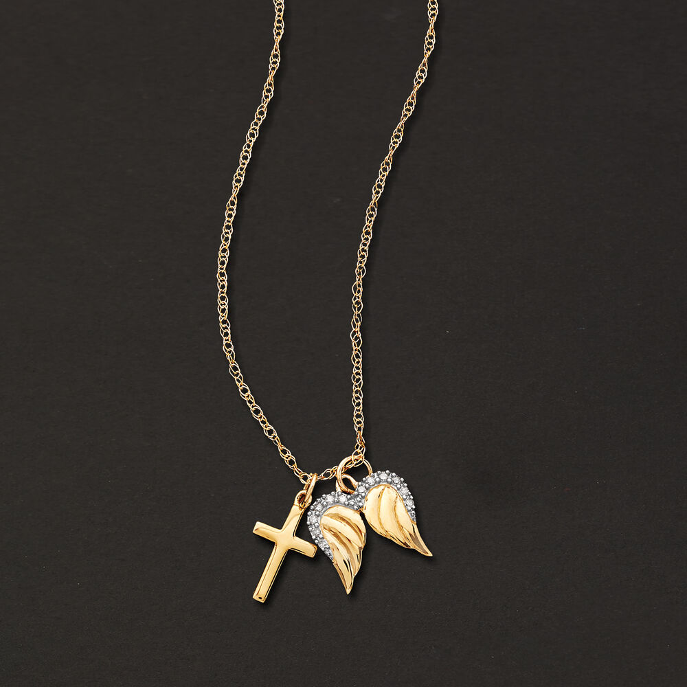 14kt Yellow Gold Cross and Angel Wings Pendant Necklace with Diamond ...