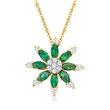 .90 ct. t.w. Emerald and .27 ct. t.w. Diamond Flower Pendant Necklace in 14kt Yellow Gold