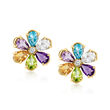 C. 1980 Vintage 7.10 ct. t.w. Multi-Gemstone Flower Earrings with .12 ct. t.w. Diamonds in 18kt Yellow Gold