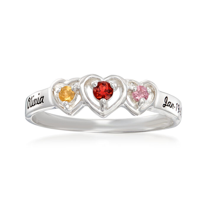 Personalized Birthstone, Name and Date Daughter's Heart Ring in Sterling Silver