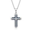 Men's White and Blue Stainless Steel Cross Pendant Necklace with Diamond Accents