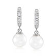 8-8.5mm Cultured Akoya Pearl Hoop Drop Earrings with .17 ct. t.w. Diamonds in 14kt White Gold
