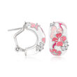 Belle Etoile &quot;Constellations: Sakura&quot; Pink Enamel and .24 ct. t.w. CZ Half-Hoop Earrings in Sterling Silver