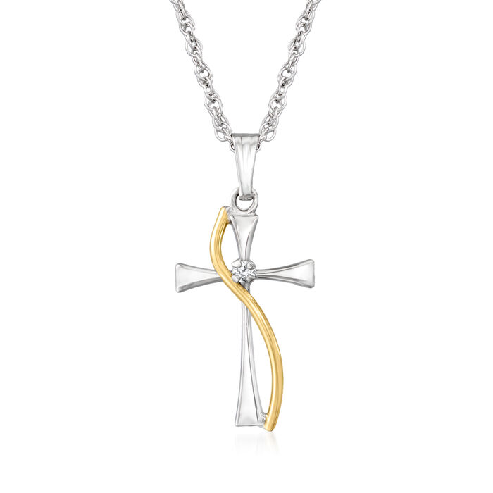 Sterling Silver and 14kt Yellow Gold Cross Pendant Necklace with Diamond Accent