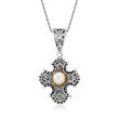 7-7.5mm Cultured Pearl Bali-Style Cross Pendant Necklace in Sterling Silver with 18kt Gold