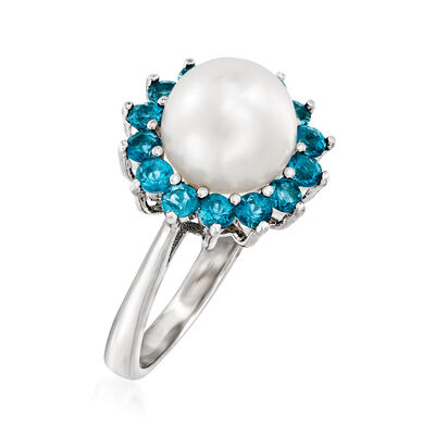 8-8.5mm Cultured Pearl and .60 ct. t.w. London Blue Topaz Ring in Sterling Silver