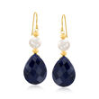 20.00 ct. t.w. Sapphire and Cultured Pearl Earrings in 14kt Yellow Gold