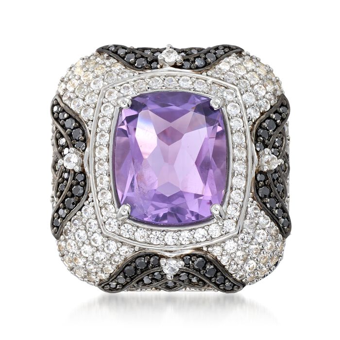 4.90 Carat Amethyst and 2.00 ct. t.w. White Zircon Ring with .40 ct. t.w. Black Spinel in Sterling Silver