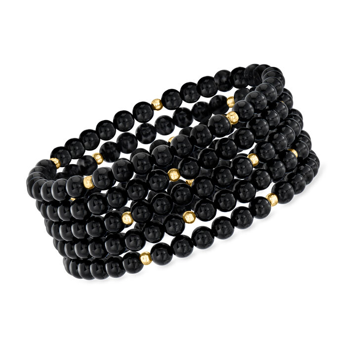 5mm Onyx Bead Jewelry Set: Five Stretch Bracelets with 14kt Yellow Gold