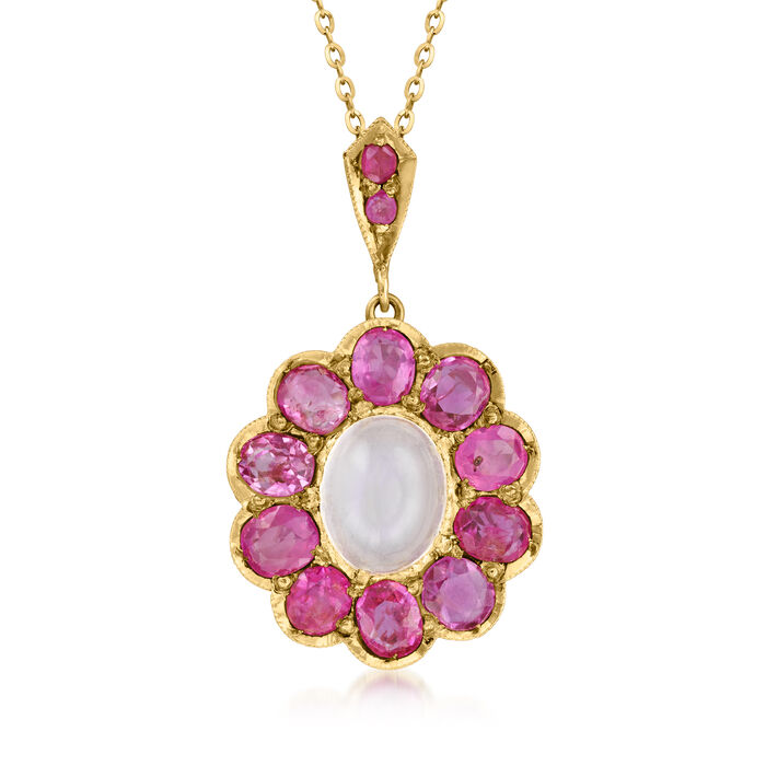 C. 1960 Vintage Moonstone and 5.60 ct. t.w. Ruby Flower Pendant Necklace in 18kt Yellow Gold