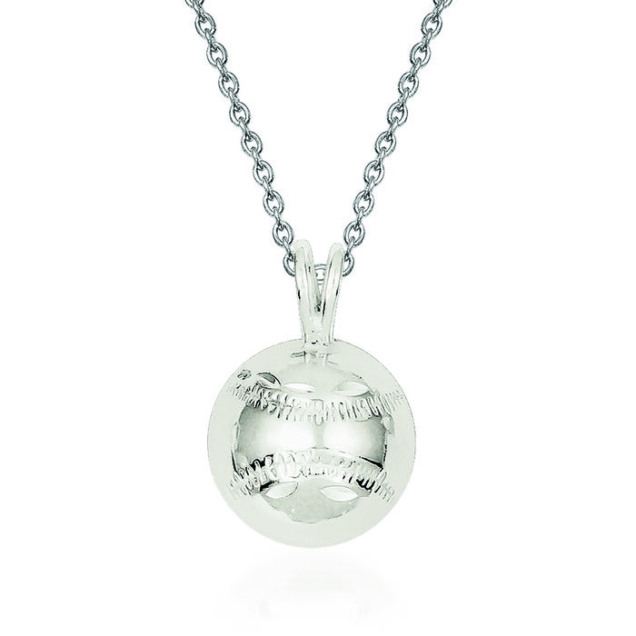 Sterling Silver Diamond-Cut Baseball Charm Necklace. 18&quot;