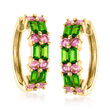 1.70 ct. t.w. Chrome Diopside and 1.20 ct. t.w. Pink Tourmaline Hoop Earrings in 18kt Gold Over Sterling