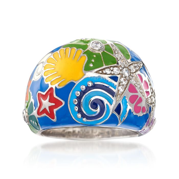 Belle Etoile &quot;Starfish&quot; Blue and Multicolored Enamel Ring with CZs in Sterling Silver
