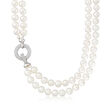 7.5-8mm Cultured Pearl Two-Strand Necklace with 1.00 ct. t.w. CZs in Sterling Silver