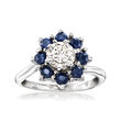 C. 1970 Vintage .75 Carat Diamond and .80 ct. t.w. Sapphire Flower Ring in 14kt White Gold