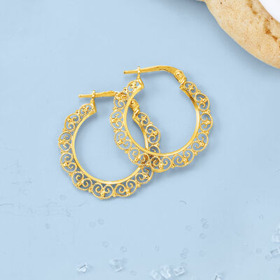 Italian 14kt Yellow Gold Filigree Hoop Earrings