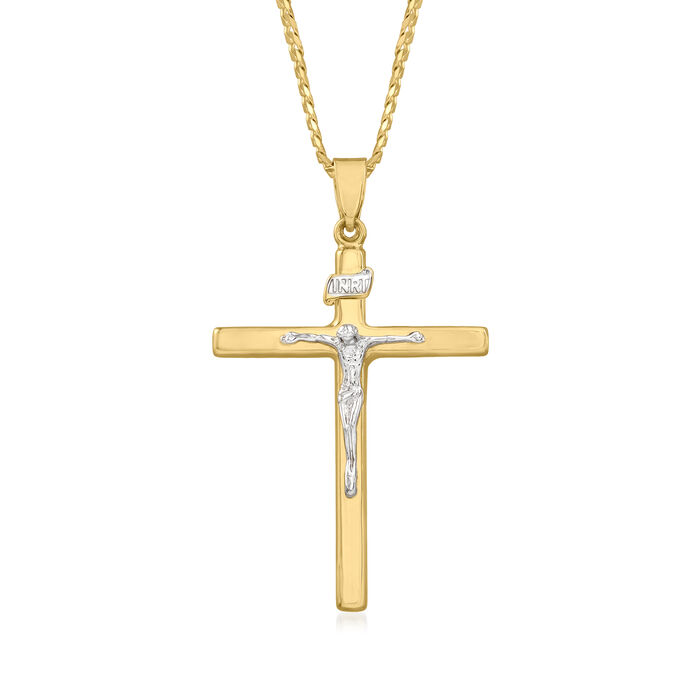 Men's 14kt Two-Tone Gold Curb-Link Crucifix Pendant Necklace