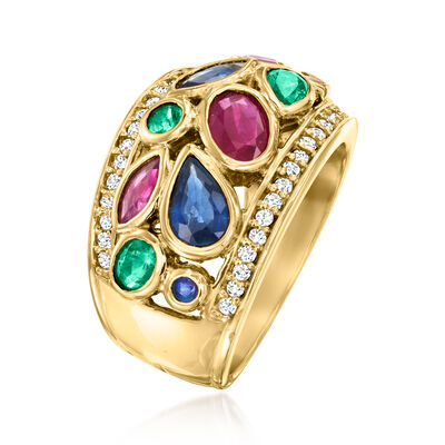 C. 1980 Vintage 2.04 ct. t.w. Multi-Gemstone Ring with .35 ct. t.w. Diamonds in 14kt Yellow Gold