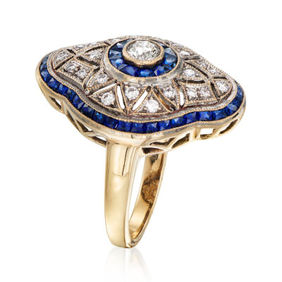 C. 1990 Vintage 1.35 ct. t.w. Sapphire and .45 ct. t.w. Diamond Filigree Ring in 18kt Yellow Gold