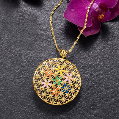 Italian Rainbow Enamel Flower Pendant Necklace in 18kt Gold Over Sterling