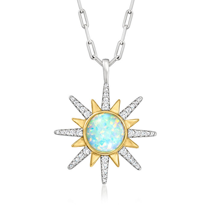 Charles Garnier Synthetic Opal and .40 ct. t.w. CZ Sun Pendant Necklace in Two-Tone Sterling Silver