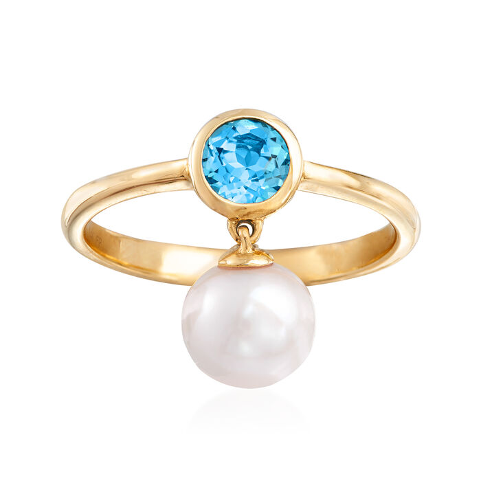 7-7.5mm Cultured Pearl and .50 ct. t.w. Swiss Blue Topaz Ring in 14kt Yellow Gold