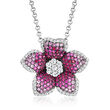 Italian .60 ct. t.w. Simulated Ruby and .40 ct. t.w. CZ Flower Necklace in Sterling Silver