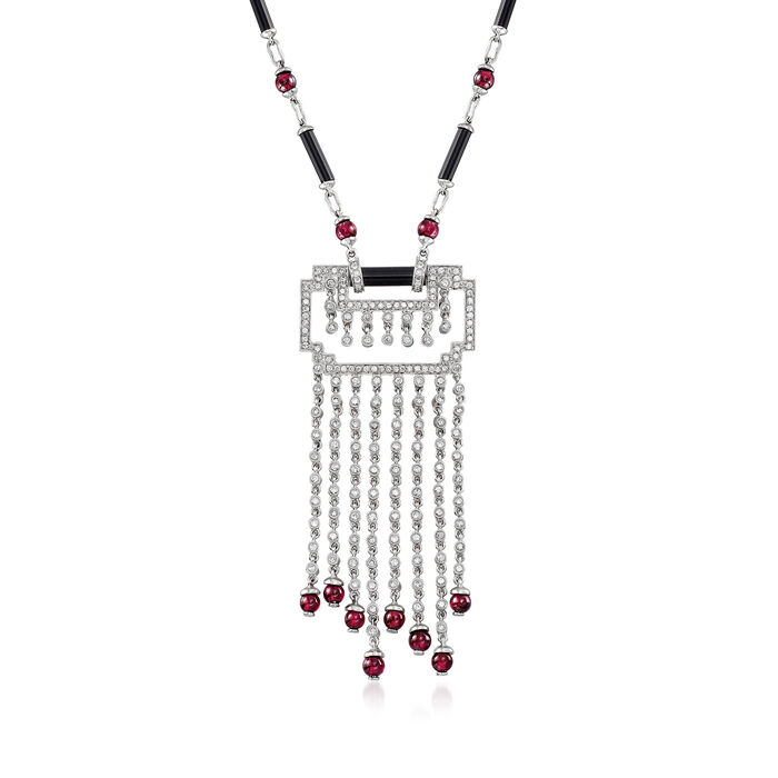 C. 2000 Vintage 7.00 ct. t.w. Garnet, 2.00 ct. t.w. Diamond and Black Onyx Geometric Necklace in 18kt White Gold