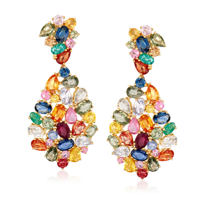 25.00 ct. t.w. Multicolored Sapphire and 1.50 ct. t.w. Ruby Drop Earrings in 18kt Yellow Gold