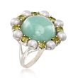 16mm Jade and 4mm Cultured Pearl Ring With Peridot in Sterling Silver