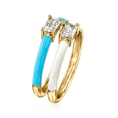 Italian .60 ct. t.w. CZ and Multicolored Enamel Jewelry Set: Two Rings in 18kt Gold Over Sterling