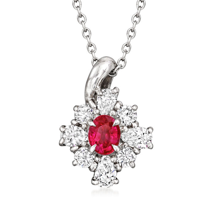 C. 1990 Vintage .35 Carat Ruby Flower Pendant Necklace with .60 ct. t.w. Diamonds in Platinum