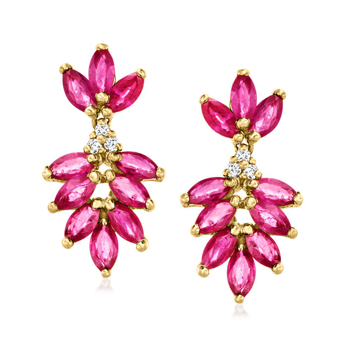 6.50 ct. t.w. Ruby and .12 ct. t.w. Diamond Leaf Earrings in 14kt Yellow Gold